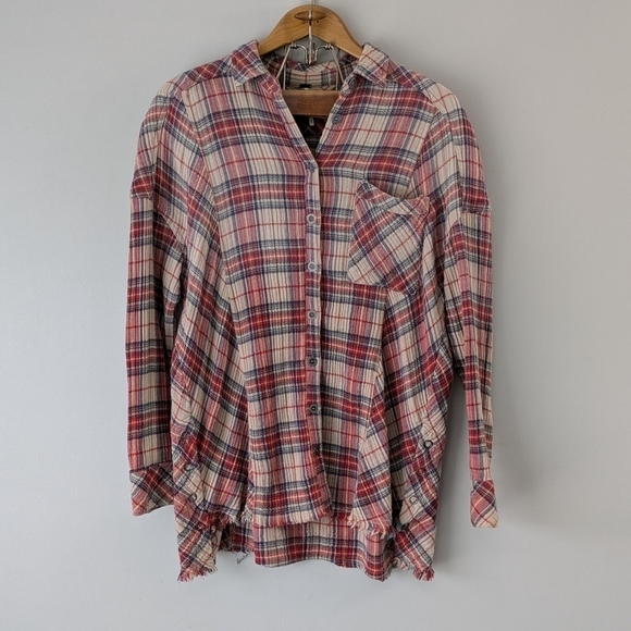 Free People Shirt Women's M Red Ivory Plaid Juniper Ridge Snap Side Herringbone  - Picture 1 of 8